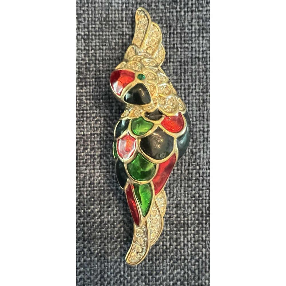 VINTAGE Large 1980's Rhinestone Parrot Brooch Enamel Red Green Blue Gold Tone